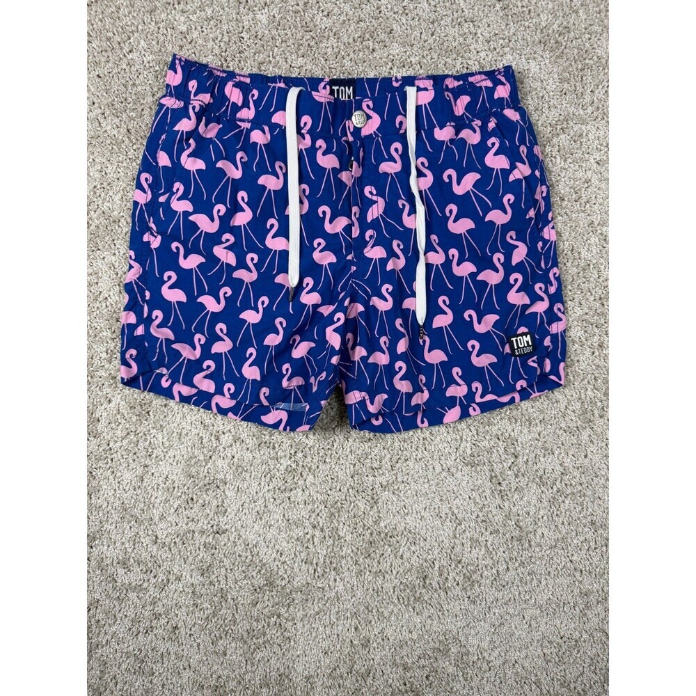 Tom & Teddy Flamingo Swim Trunks Men's Small Blue Pink Lined Beach Shorts